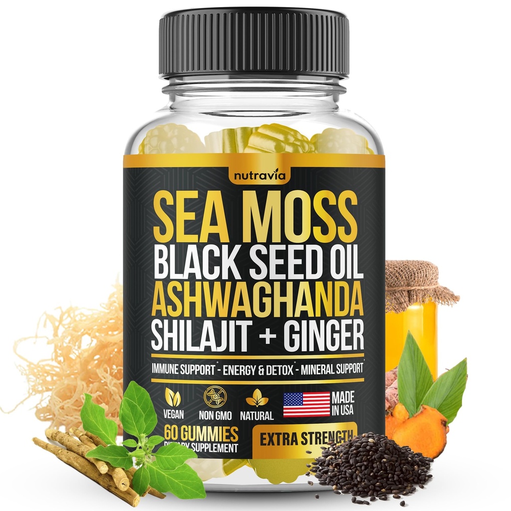 Sea Moss,黑种子油, Ashwagandha, Ginger, Shilajit Gummys with Elderberry, Chlorophyll, Turmeric Bladderwrack Sea Moss Gummys 高级强力公式 - 全在 1 Bundle - 美国制造(60古米)