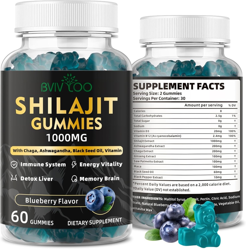 Shilajit Gummys for Men and Women - 85+ Track Minerals & Fulvic酸中的无糖Shilajit补编,提供能源、大脑和豁免支助-60 Gummys