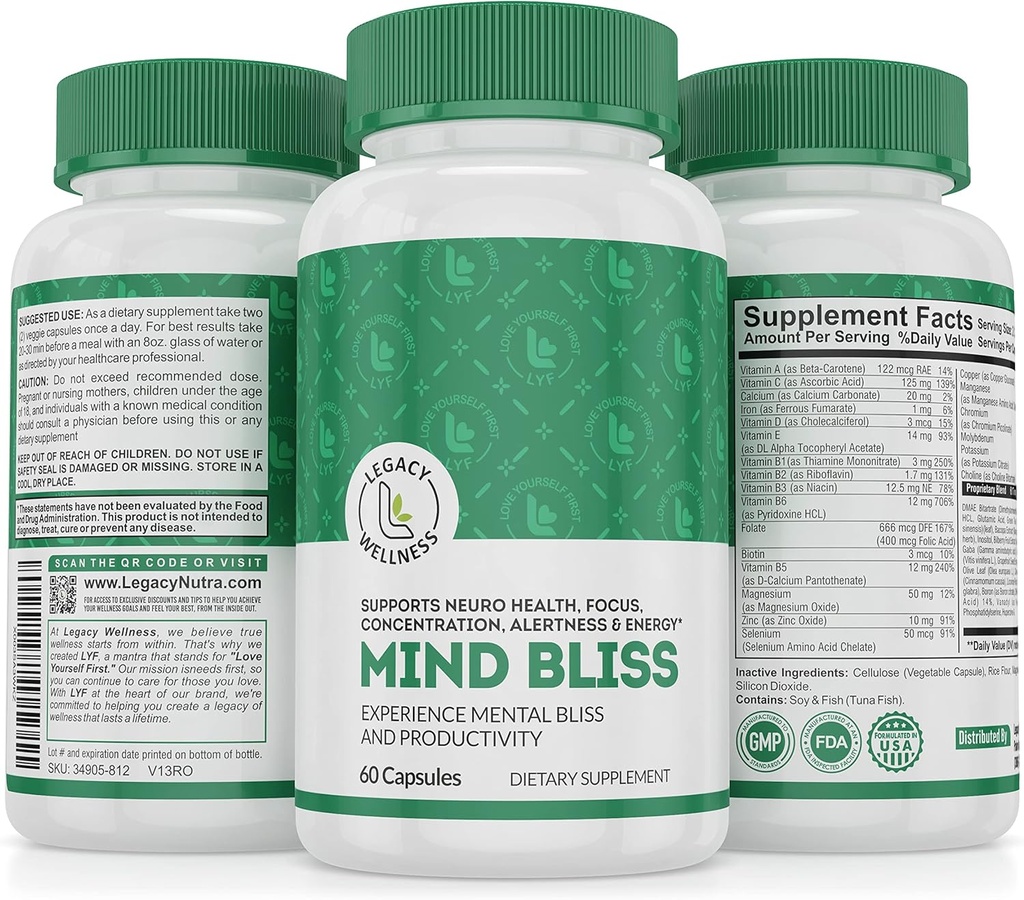 Mind Bliss Brain Supplement: 40-内存,焦点和清晰维生素,能量助推和与 DMAE 的Nootropic 支持, 60 Pills