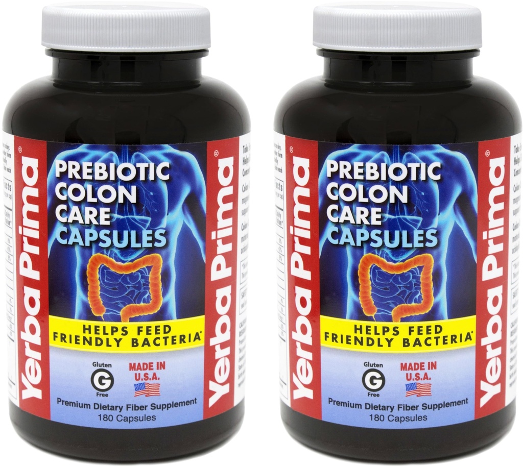 Yerba Prima Prebiotic Colon Care Capsules Deatary Fiber, 180 Counter, (Pack of 2) - 五种形式的纤维加FOS Prebiotics 补充 - 可溶性和不溶于规律性和消化性支持