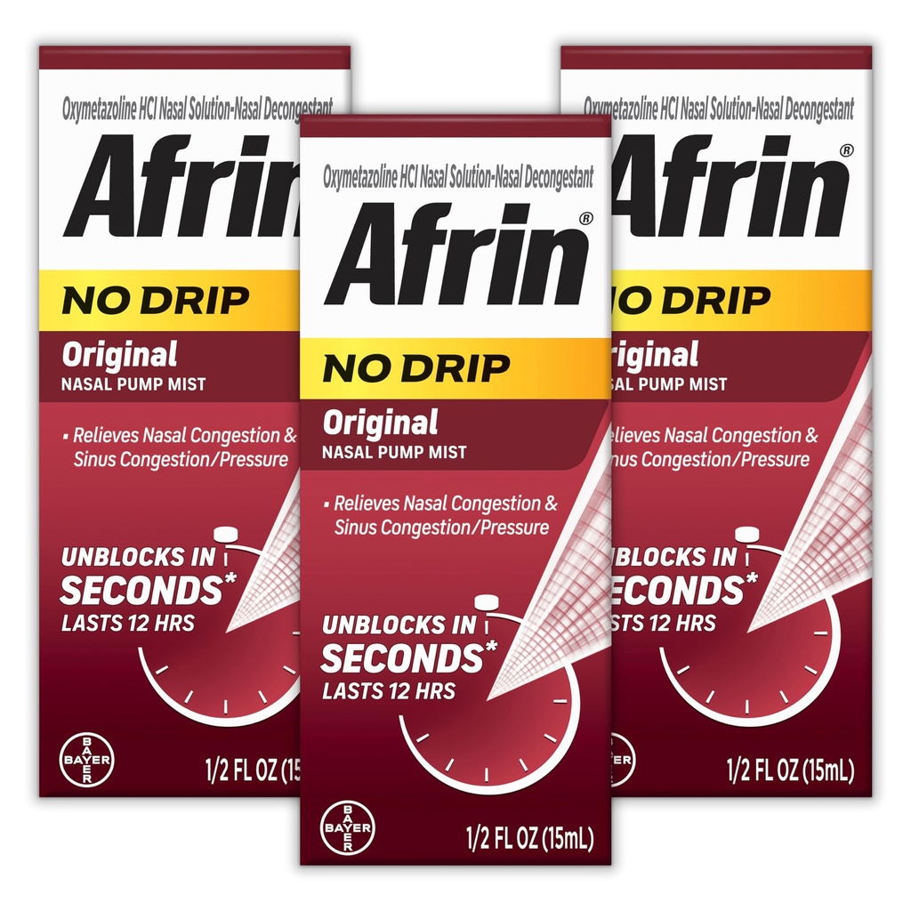 AFRIN 无 Drip 原生鼻雾三重包装,非沉淀剂,快速减压剂,用于鼻咽和鼻塞减压、成人和儿童6及老年人,5 fl oz(包3)