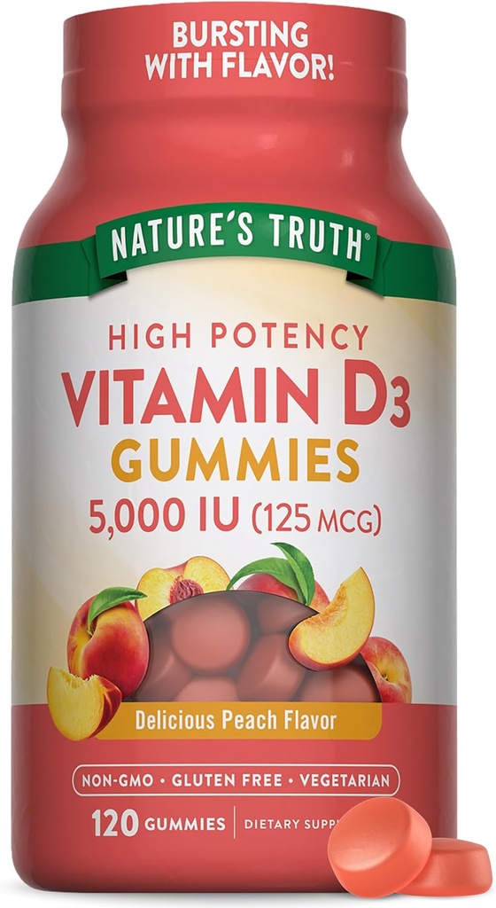 大自然的真理维生素D3 Gummys | 5000 IU | 120 Counter | Vegetarian, Non-GMO & Gluten Free Supple | Natural Peach Flavor, pack of 1