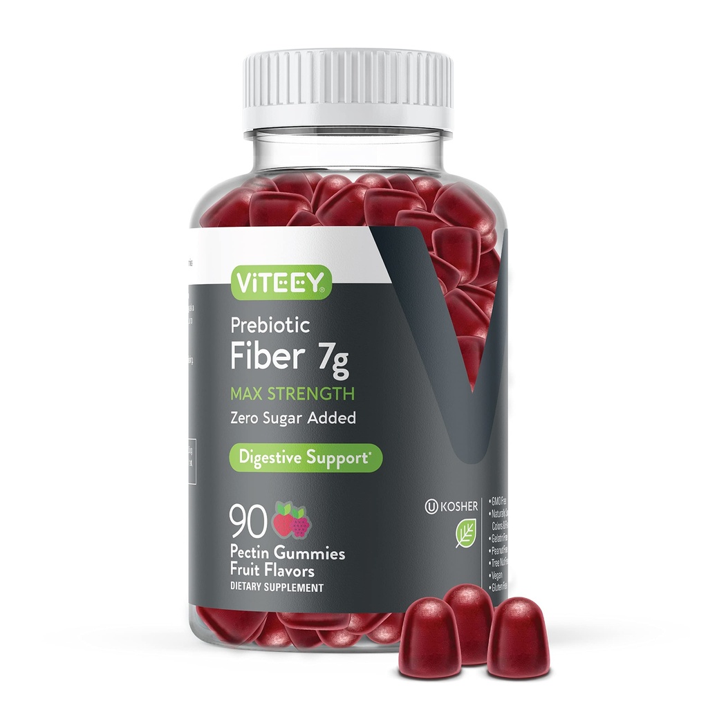 Viteey Prebiotive Fiber Gummys for Adults, 7g - Gut Health & 消化性可溶性纤维补充Gummys - 零糖加成, Vegan, Gluten-free - 90 Counters