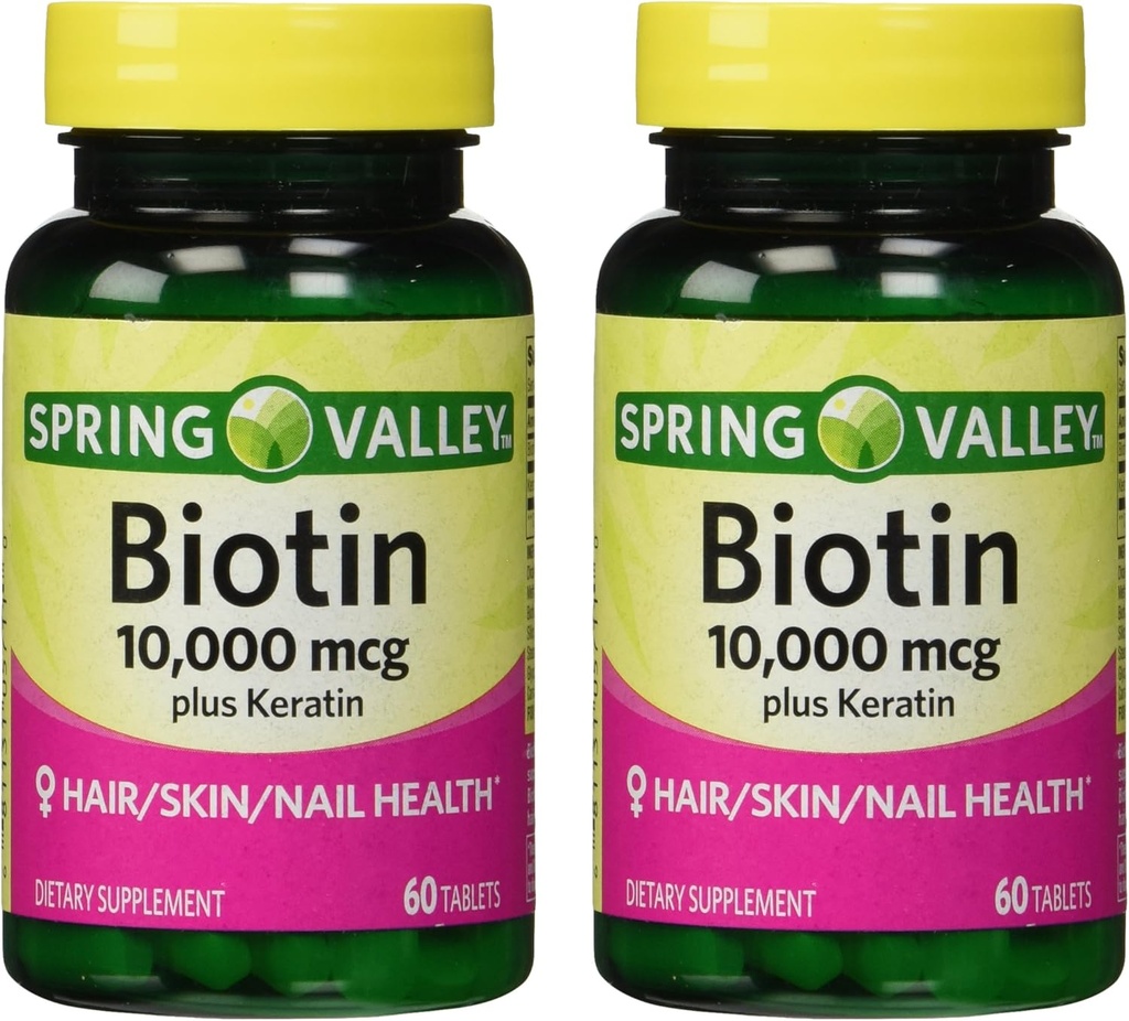 Spring Valley 1000 mcg Biotin 配有 100 mg Keratin 饮食补充品, 60 Counter (Pack of 2)