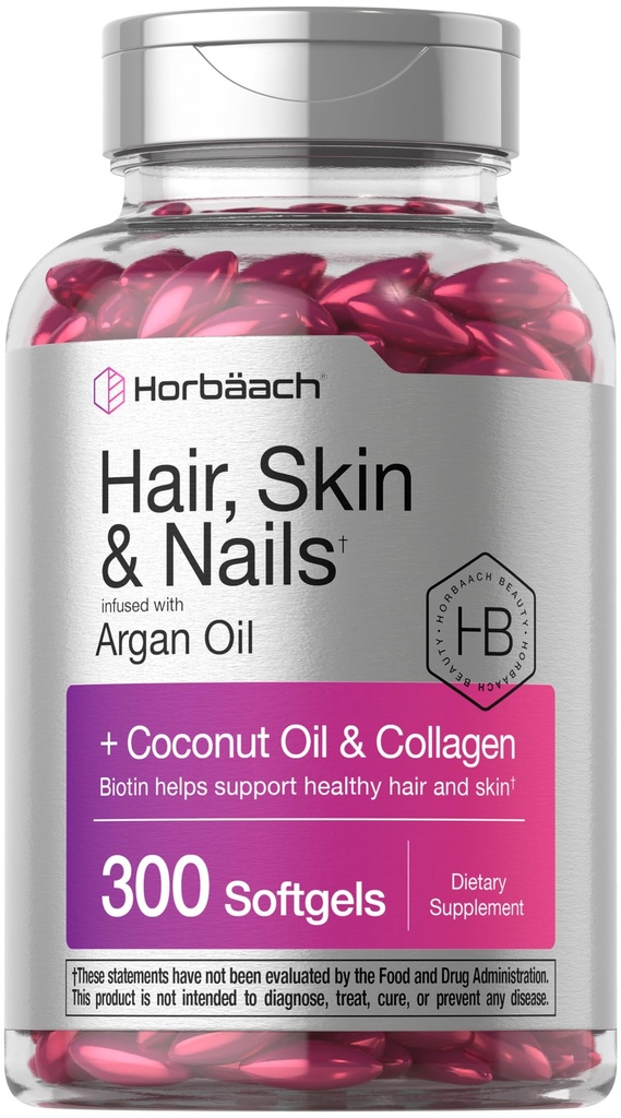 Horbäach hair Skin and Nails Vitamins 配有 Biotin 和 Collagen 配有 Biotin 和 Collagen 配有 Argan Oil 和 Coconut Oil 配有 Non-GMO, Gluten Free Supplement