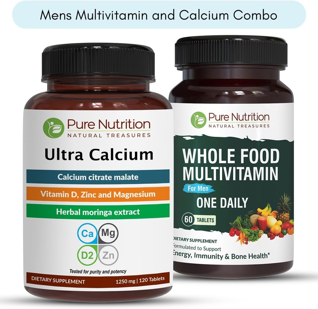 Pure Nutrition Ultra Calcium 1000mg and Whole Foods Mens Multivitamins 1500mg for Healthy Bones, Joints and Overall Wellness. Ultra Calcium 90 Tabs + Mens Multivitamins 60 Tabs.