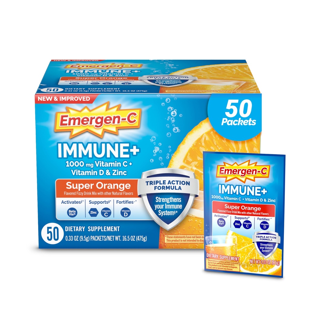 Emergen-C Imune + 三角行动Imune 支持粉,BetaVia(R),1000mg 维生素C,B维生素,维生素D和抗氧化剂,超级橙,返校基本知识 – 50 Counter