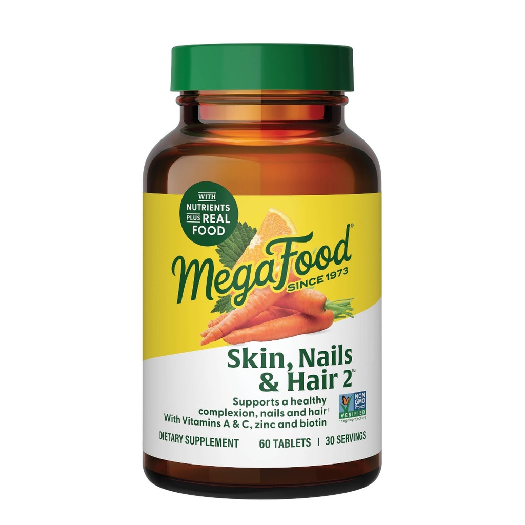 Megafood Skin, Nails & Hair 2 - 男女维生素 - Biotin,维生素A, C, Zinc, B6, E, Pantothenic Acid - Vegan - 没有9种食品过敏剂制造 - 60 Tabs (30种服务)
