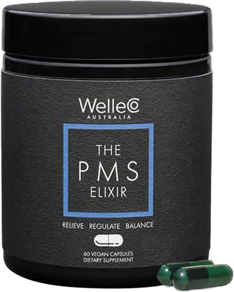 WelleCo PMS Elixir 妇女、镁和Ashwagandha Capsules前期支助补编,配有铁、碘、白果芽、Vitex、铬和B维生素、Vegan和Gluten Free,60卡普尔