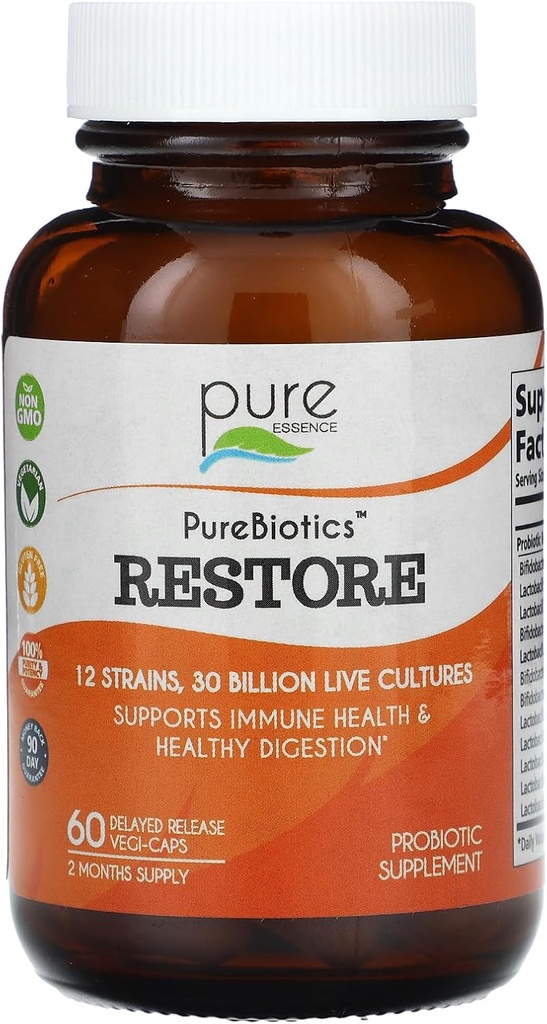 PURE ESSENCE LABS Restore Probiotic Supplement 30 Billion CFU - Probiotics for Men & Women - 12 Strains for Immune Support and Digestive Health - Natural Support for Relief of Constipation (60 Caps)