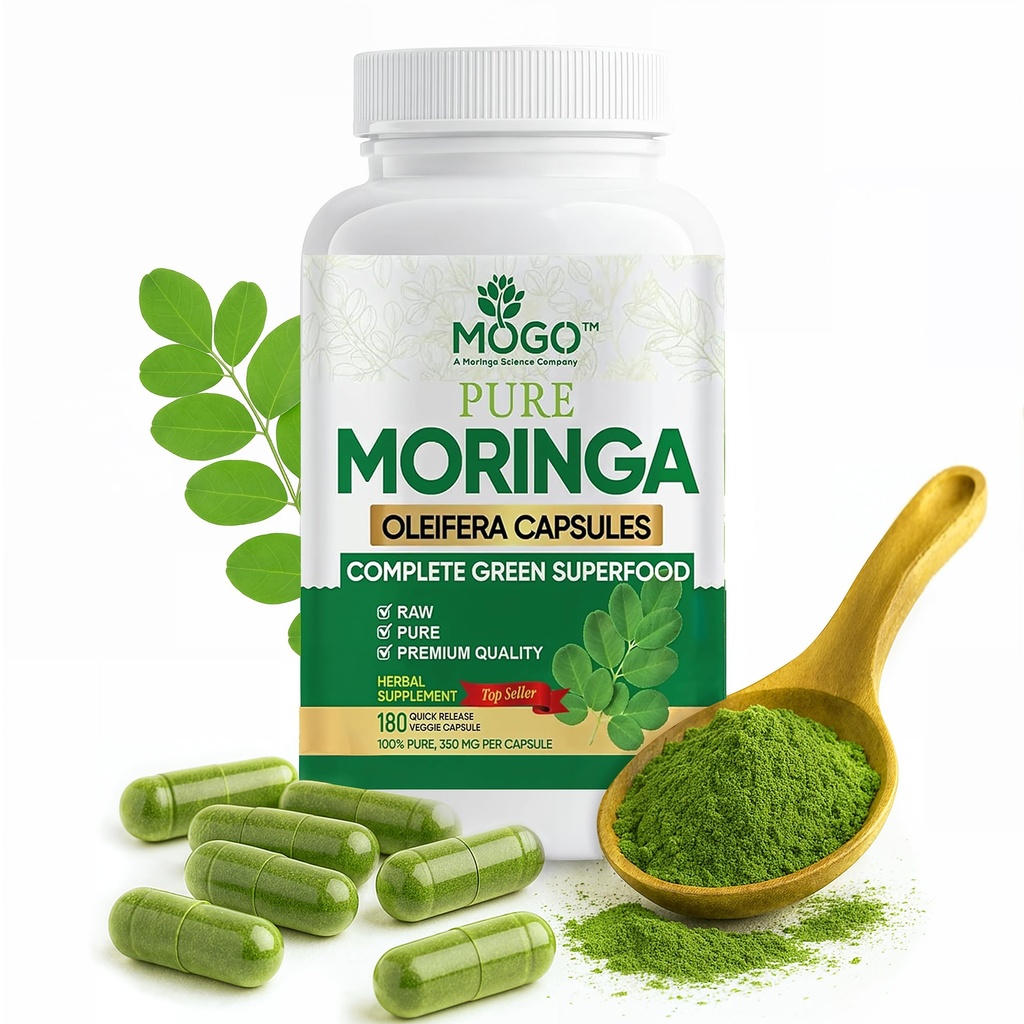 MOGO Moringa Capsules - 180 Ct|bost Energy, Immune, Gut, 联合支持 | 纯有机莫林加粉末 有机Capsules | Made in USA | 抗氧化剂 富含全绿色超级食品补充品