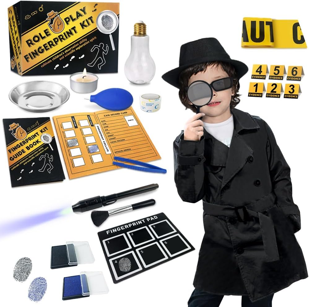 给孩子们的Spy Kit Detective Outfit指纹玩具礼物 5 6 7 8 9 10 11岁女孩调查角色 Play Dress Up Costume 教育科学秘密特工指纹识别