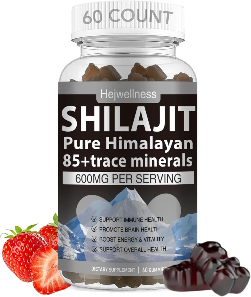 Shilajit Gummys - 600 mg 天然有机Shilajit Resin,含有85+痕量矿物,富尔维奇酸和羟胺-草莓氟-用于能源,免疫支持-60 Gummys,1个月供应
