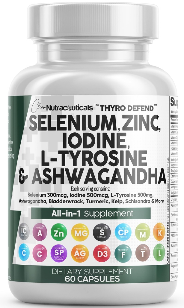清洁的Nutra Selenium 300mcg 碘500mcg 甲状腺素支持女性和男性 L Tyrosine 500mg Ashwagandha 补充 Bladderwrack, Turmeric, Kelp, Schisandra Zinc Pills Capsule 补充