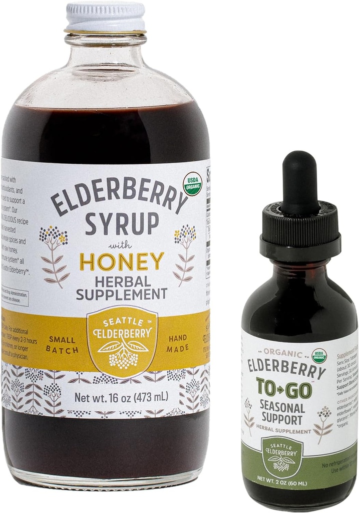 Herbal Supplement Starter Set – A 16oz Bottle of Elderberry Syrup with Honey & a 2oz Bottle of Elderberry to-Go Seasonal Support Made from Only Organic Ingredients in The USA