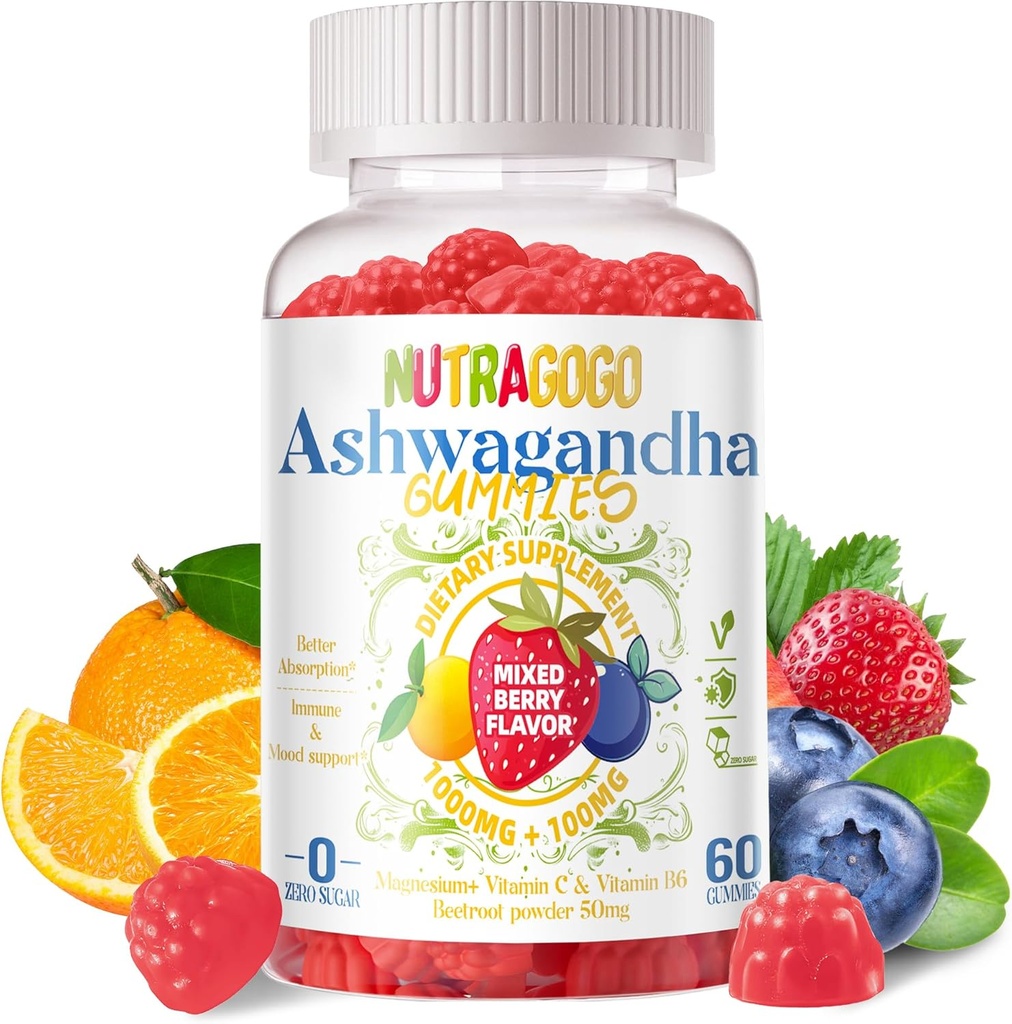 Ashwagandha Gummies & Vitamin D3 Gummies 60 Count - Organic Aswangdha Supplement for Improve Sleep, Stress Relief & Mood Calm(Mixed Berry, Vegan, Plant Based,Gluten-Free & Gelatin Free)-1pack