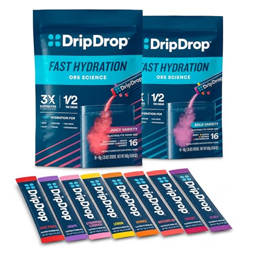 DripDrop水利 - 电解质粉包 - 西瓜,贝里,柠檬,橘子,水果冲,葡萄,草莓柠檬汁,樱桃 - 32个计数