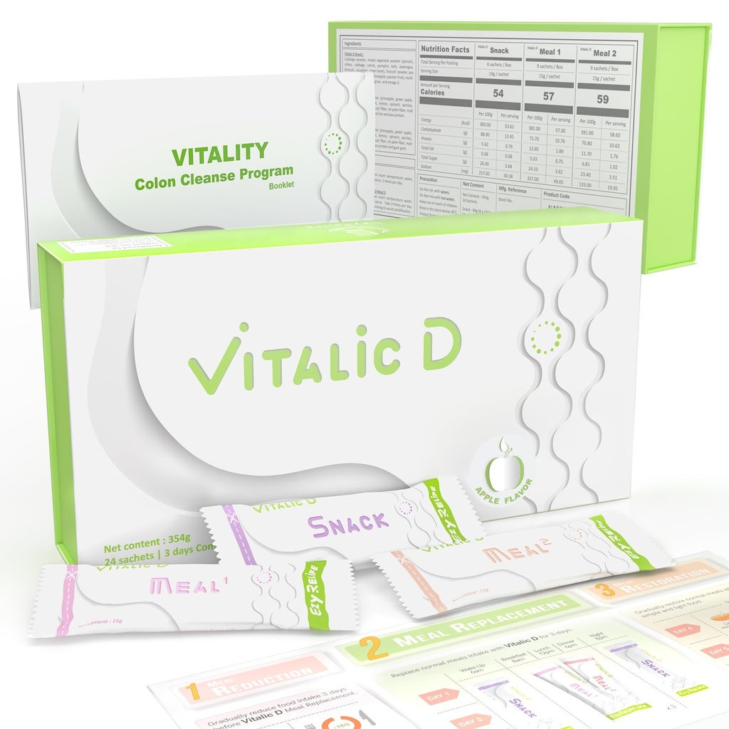 Vitalic D, 3- Day cleanse Program & Gut Health Support \\\ 植物解毒粉饮料用于消化重置, 轻感和每日健康 \ 苹果火焰