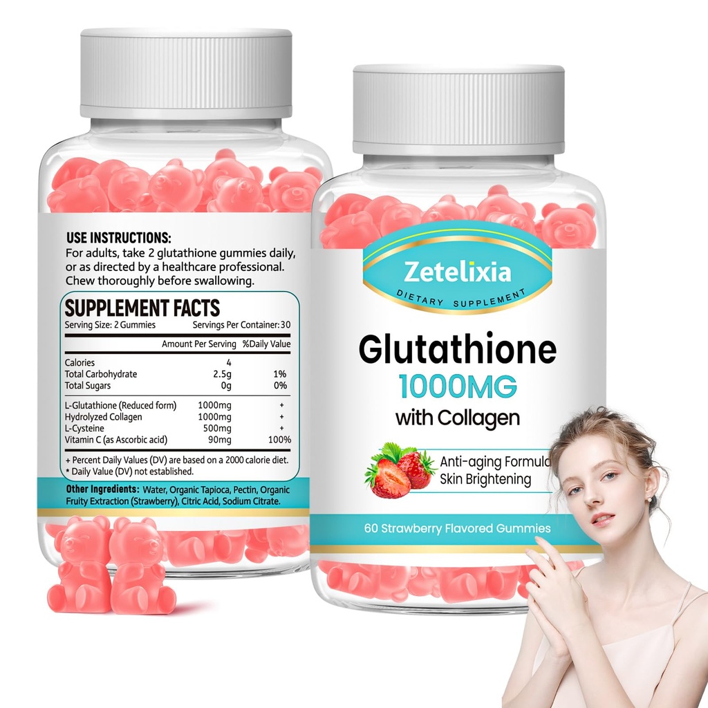 2 Pack Glutathione Collagen Gummys, Collagen Gummys with Vitamin C, Glutathione 女性补充,毛皮钉肌肉和联合,抗衰老,Vegan,无糖,草莓 Flavor, 120 Counter