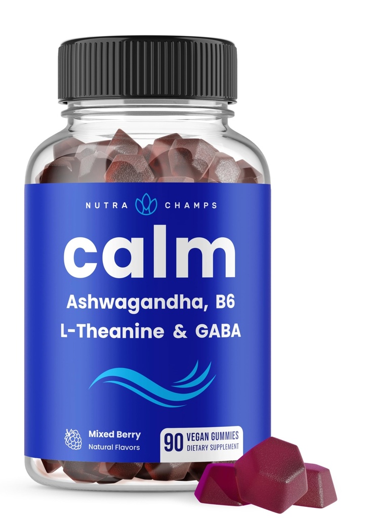 NutraChamps Calm Gummys, 压力Gummys 与 Ashwagandha, L-Theanine, GABA, Vitamin B6 & Lemon Balm, 支持Mood, 聚焦和压力救济, 天然莓, 90 Gummys 的 压力Gummys 补充