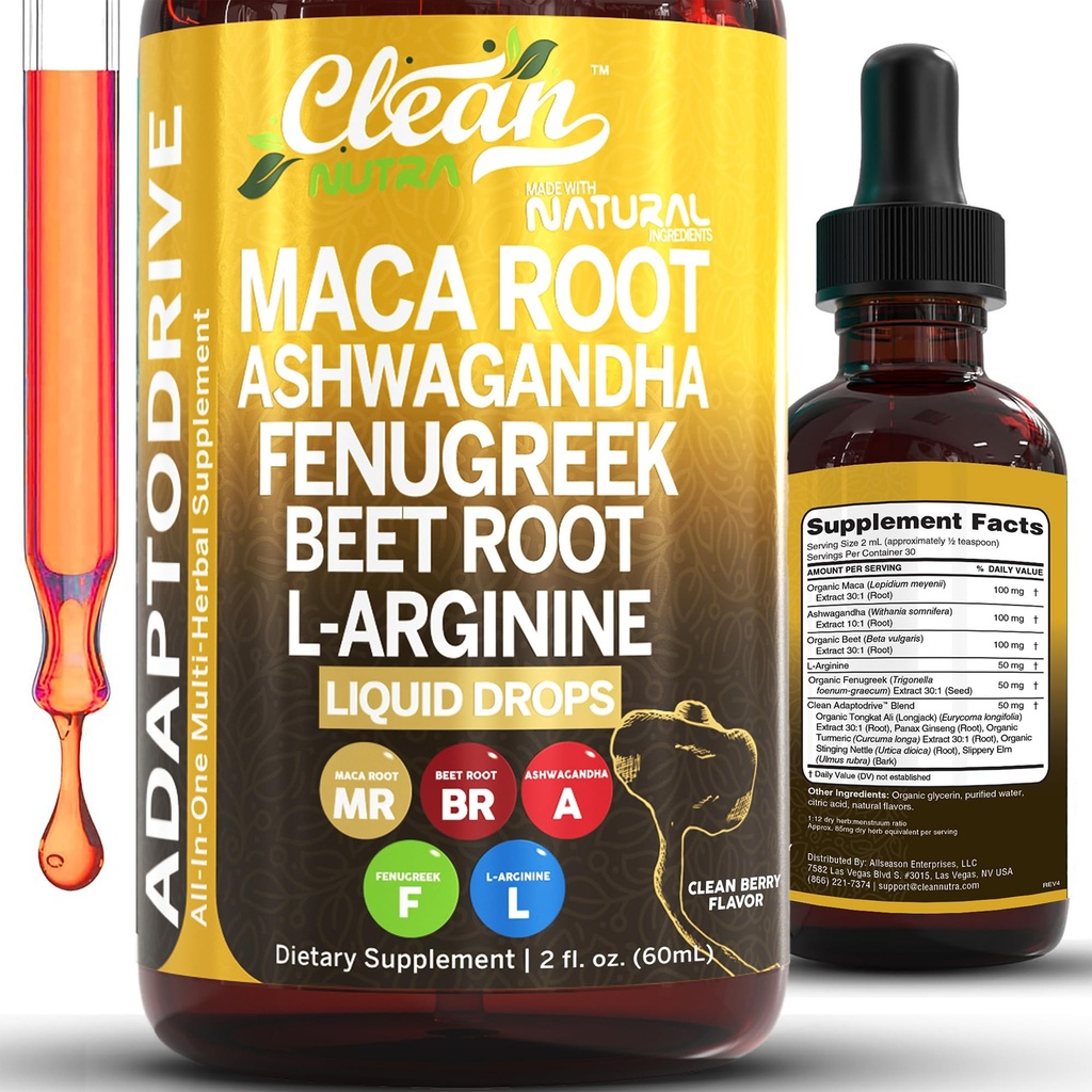 与Ashwagandha、Fenugreek、Bet Root和L-Arginine 液态多维明(男女)一起的清洁 Nutra 有机马卡根液滴 - 适应性驱动