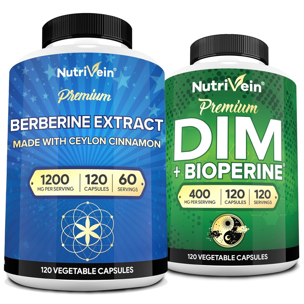 Nutrivein Premium DIM & Berberine Supplement Bundle: High-Abboxy Berberine & DIM 配以 Bioperine 的补充 - 用于激素平衡,消化规律,代谢,和整体健康