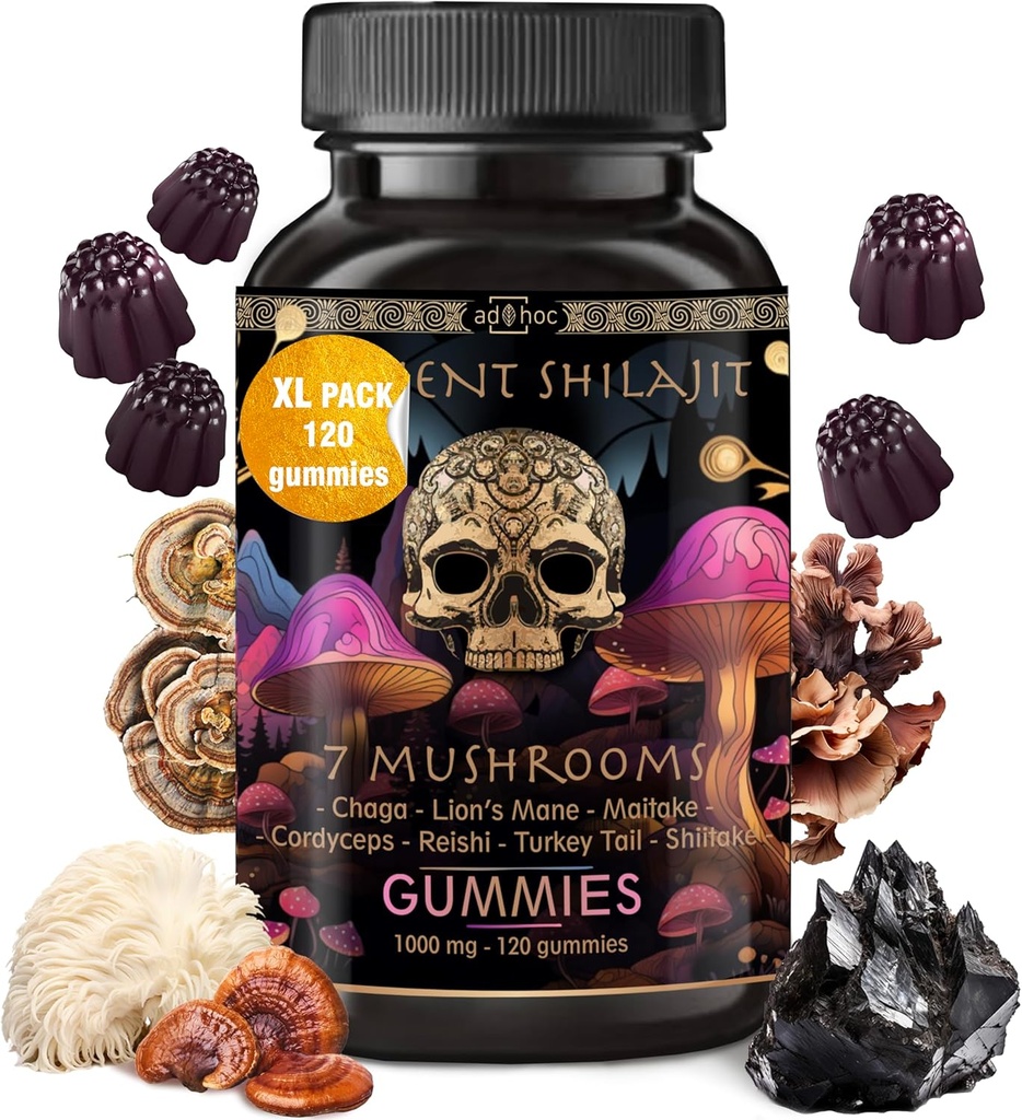 Shilajit Pure Himalayan 有机固醇 - 免疫支持,能源支持补充剂 - Shilajit Resin Lions Mane, Cordyceps, Reishi, Turkish Tail, Chaga, Shiitake Mushroom Gummys (120吨)