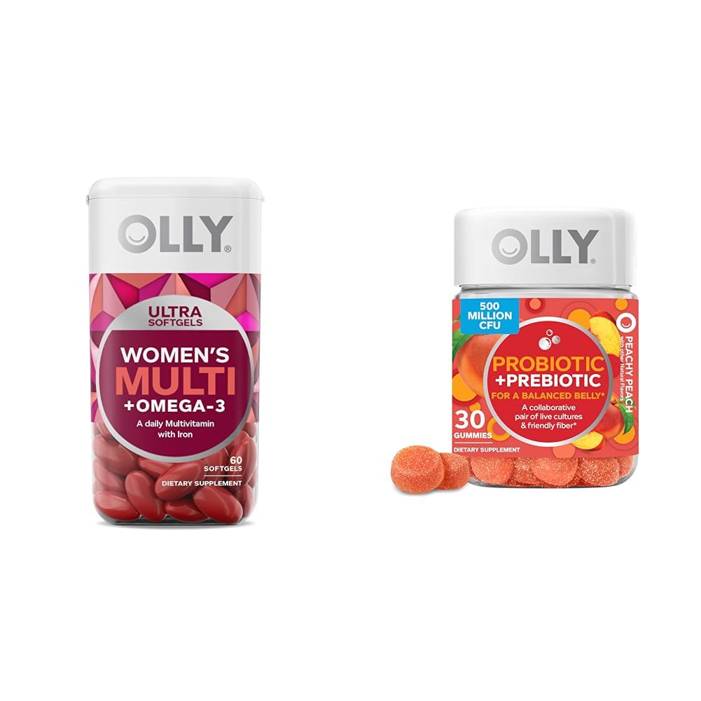 OLLY 超女性的多软胶和亲生胶 + 预生糖,消化支持和古特健康,5亿CFU, Fiber,成年可烹调的男女补充,桃仁,30天供应-30计