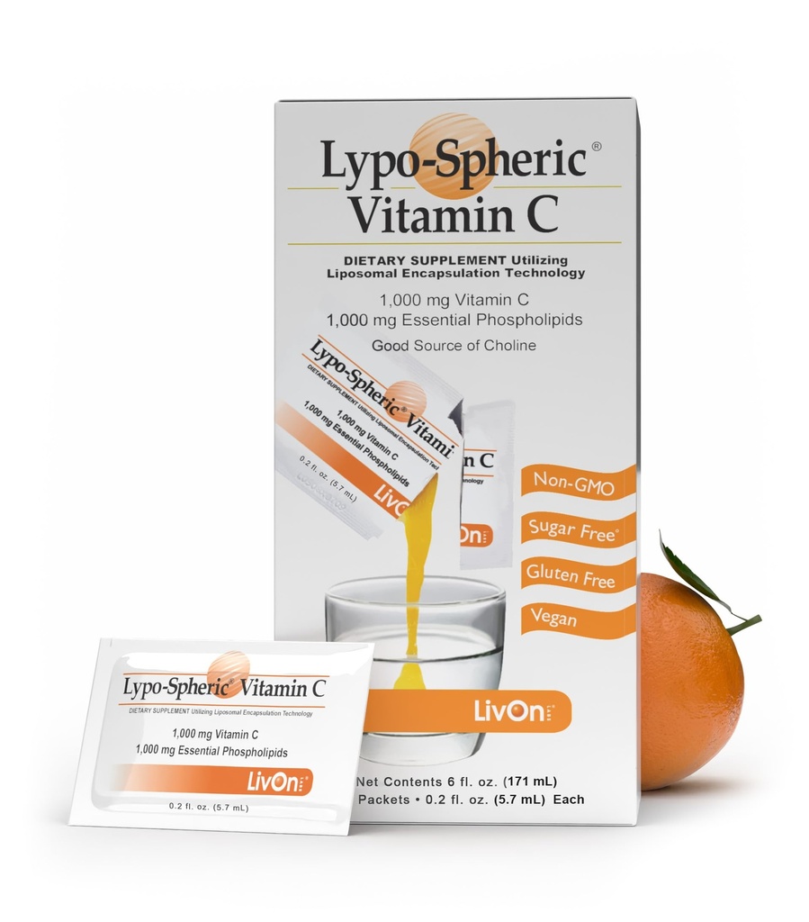 Livon 实验室 Lypo – 球形 Liposomal 维生素C 1000mg – 无糖,免疫支持,基于植物 - 容易吞,可吸收 - 非 GMO, Gluten Free (0.2 fl oz 个人 30 packets)