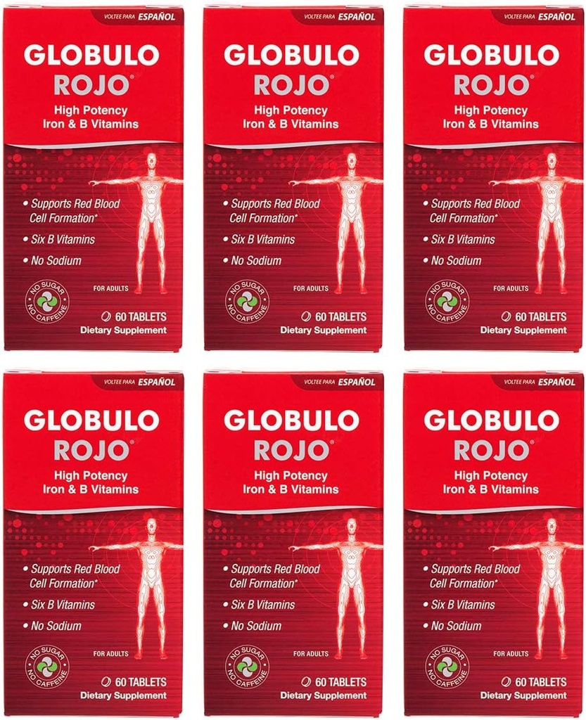 Globulo Rojo 铁辅料 - 配有高概率铁和乙类维生素的饮食辅料,60片-6包
