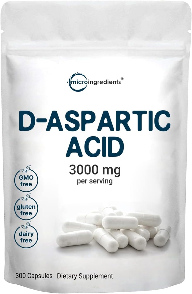 微成份 D- Aspartic Acid 3,000 mg Performation, 300 Capsules 纯能量DAA, Testosterone 和性能支持 QQ 非GMO, Gluten 无糖, 无豆