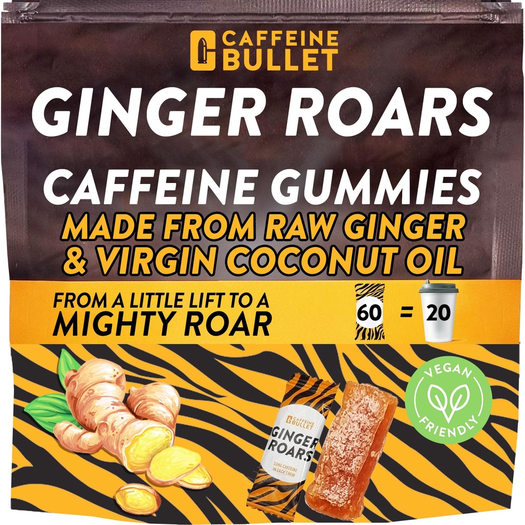 Ginger Roars - 60 Energy Gummys - Vegan Cafeine Chews Each 33 mg, 制作时使用一种味觉,天然火腿用于改进跑步,自行车,预研和焦点.