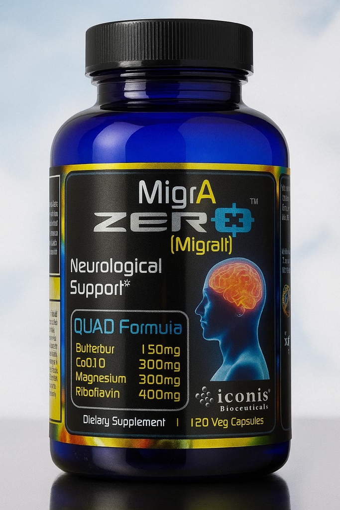 Migraine Relief, Quad-Formula with PA-Free Butterbur (150mg), CoQ10 (300mg), Magnesium Glycinate (300mg), High-Dose Riboflavin (400mg) - MigrA Zero (120 Caps) Optimal Dosing for Migraine Sufferers
