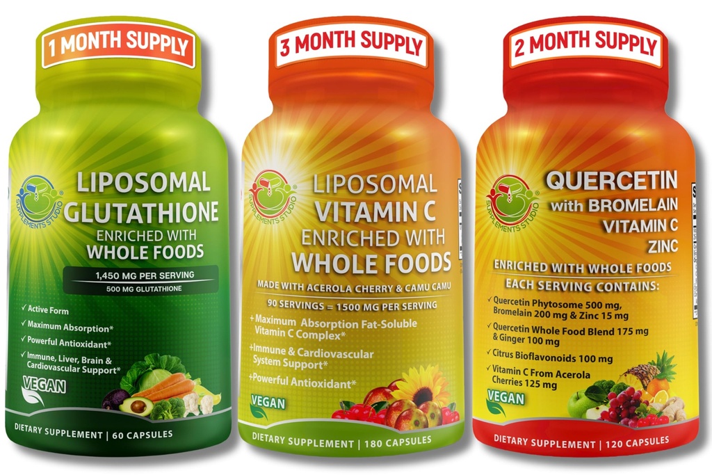 Suppments STUDIO 高吸附性抗氧化剂和免疫支持包 – Liposomal Vitamin C 1500mg + Glutathione 500mg + Q素与溴,锌和全食品混合剂 – Vegan,非 GMO 胶囊