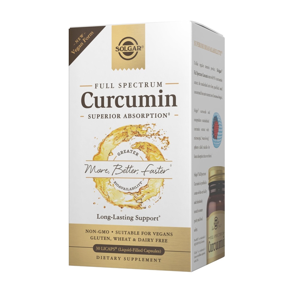 Solgar Full Spectrum Crucumin - 30 Licaps - 高级吸收 - 大脑、联合和免疫健康 - Vegan、Gluten Free、N-GMO、奶制品免费 - 30名服务者