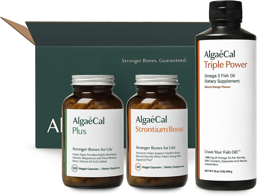 ALGAECAL 欢迎 Kit - Bone Builder Pack,植物基钙补充剂 & Strontium, Bone Health + EPA & DHA Omega 3 鱼油,支持大脑,心脏,皮肤和骨头,美国制造