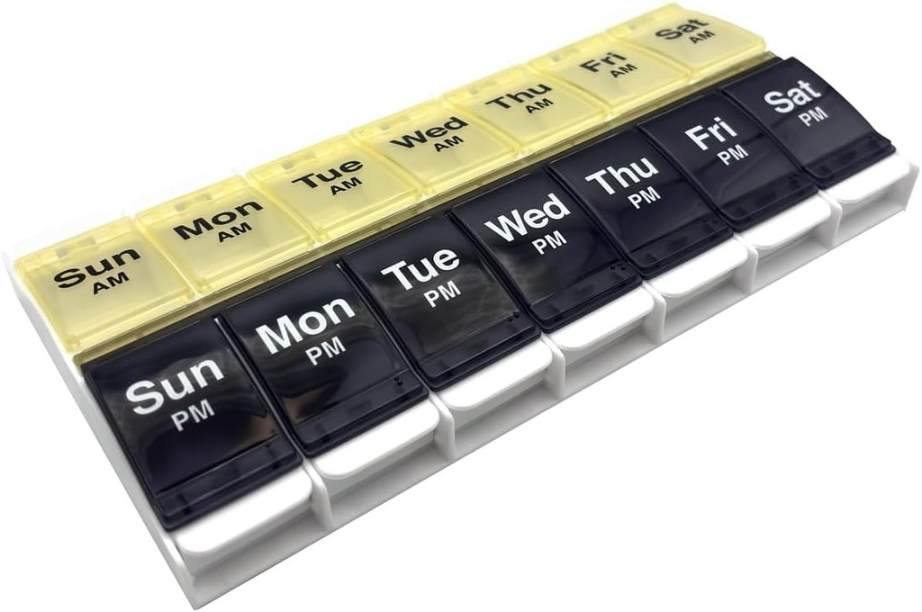 EZY DOSE Push Button(7天) Pill Case,药品计划师,维生素组织者,每天2次,AM/PM容器,X-Large比较,关节炎友好,易用,清液,蓝/黄,BPA免费
