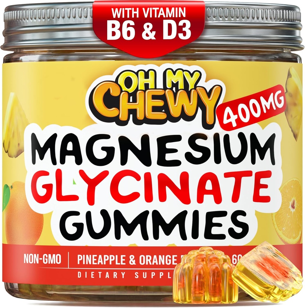 Center-Filled Magnesium Glycnate Gummys 400MG - 儿童、青少年和成年人的高吸收率 - 睡眠、冷静和肌肉放松补充B6 & D3 - Gluten Free & Vegan Friendly - 60 Counter