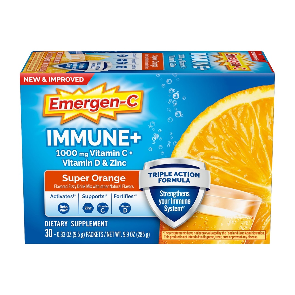 Emergen-C Imune + 三元动作Imune 支持粉,BetaVia(R),1000mg维生素C,B维生素,维生素D和抗氧化剂,超级橙,返校基本知识 – 30 Counter