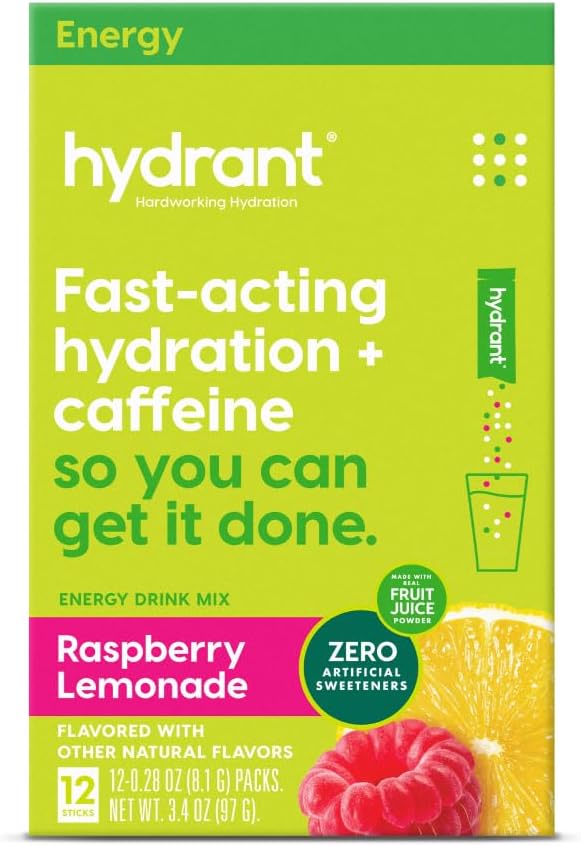 水合剂 - 能量电解石粉,Raspberry Lemonade Flavor, 12 Cafeine & L-Theanine Energy Rehydation 棍棒包装 - 低糖能化粉,供日常使用