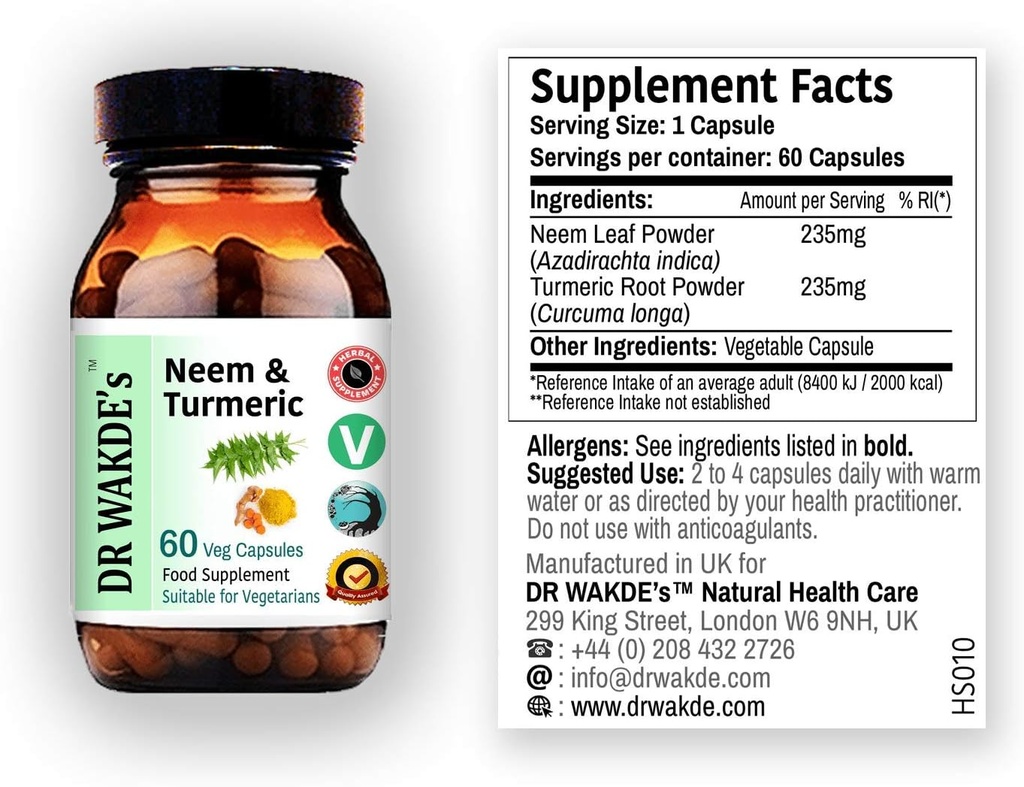 WAKDE的Neem & Turmeric Capsules – 60 Veg Caps – Ayurvedic 补充 – Vegan – 100% 草药 – 数量折扣 – 同一天发送
