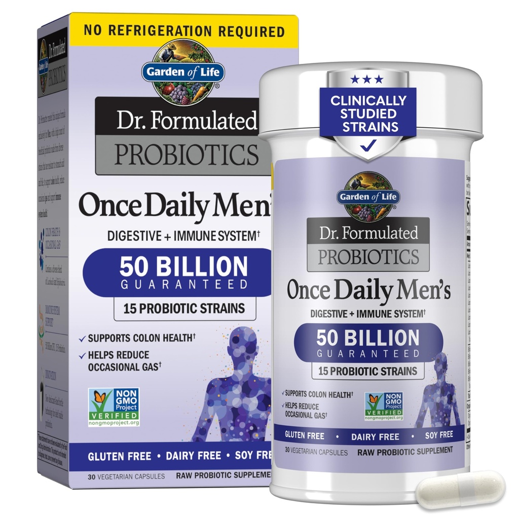 男子生命维生药园, 设计了50亿CFU 15 消化健康维生药 + 有机维生药, Colon & Immune 支持, Daily Gas Relief, Sheld Stable, 30 Capsules