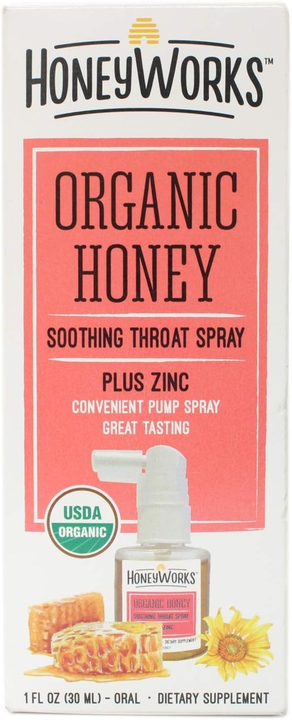 Honey Works 成人喉管喷洒用于解酸喉管,1 Oz,Soothing 非GMO USDA 有机暗蜂蜜+锌,快动作解药,年龄12岁+