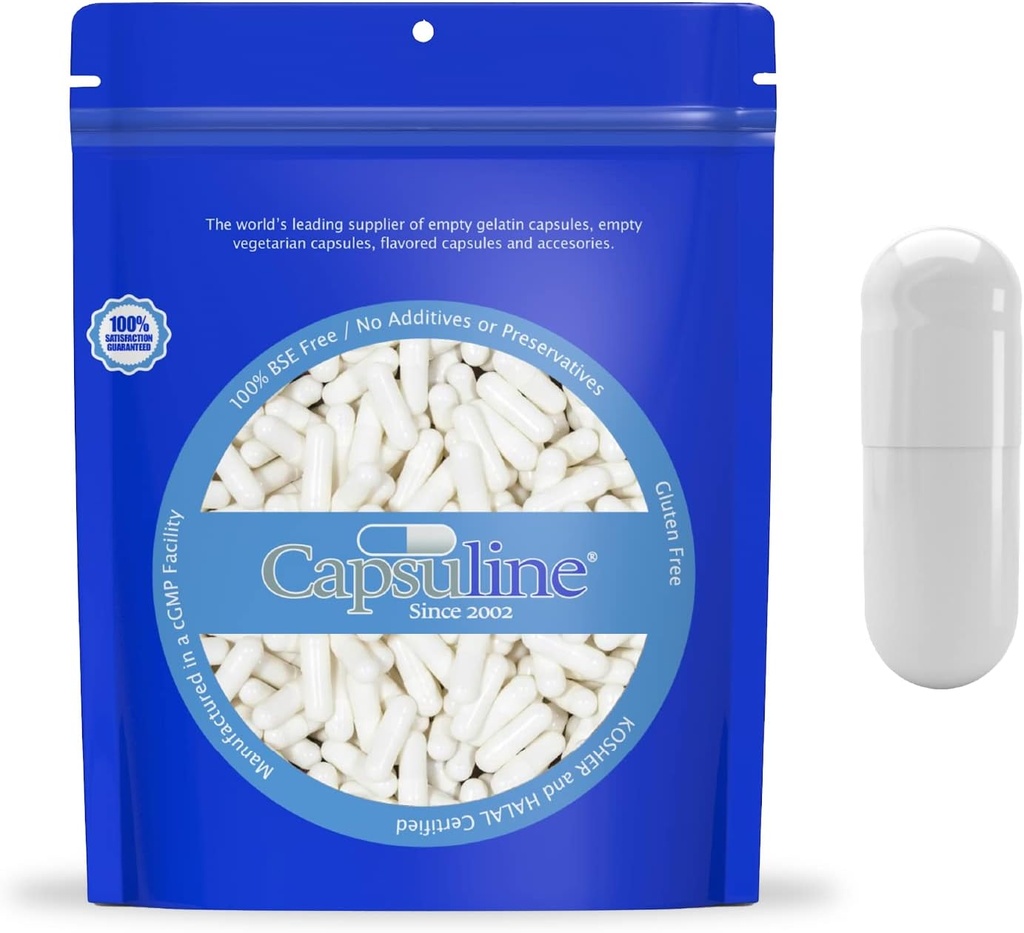 Capsuline 彩色尺寸 0 空 Gelatin Capsules White/White 5000 Counter 北美和南美制造的 | Kosher & Halal 认证的 | Gluten Free