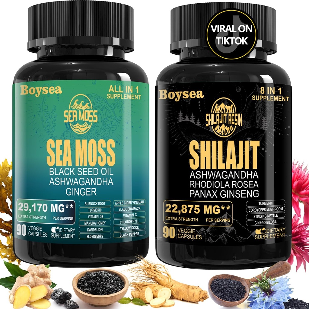 宝海. Shilajit和Sea Moss Bundle - Sea Moss (7000mg), Ashwagandha (2000mg), 黑籽油 (4000mg), Ginger & Shilajit (9000mg), Rhodiola Rosea (1000mg) – 90 count (1 pack) .