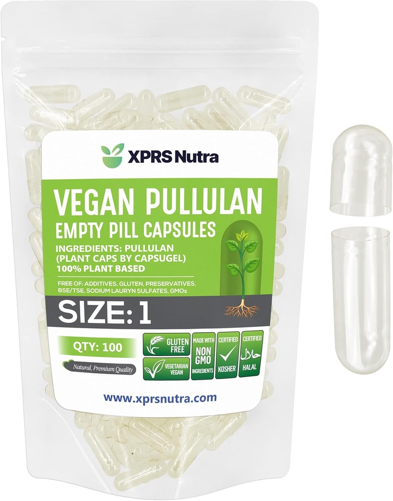 XPRS Nutra 大小 1 Pullulan 空瓶盖 - 100 Counter Clean Label Plantules 清空 Vegan 瓶盖 - Premium 蔬菜药丸 - Do-It - Yourself 蔬菜瓶盖填充
