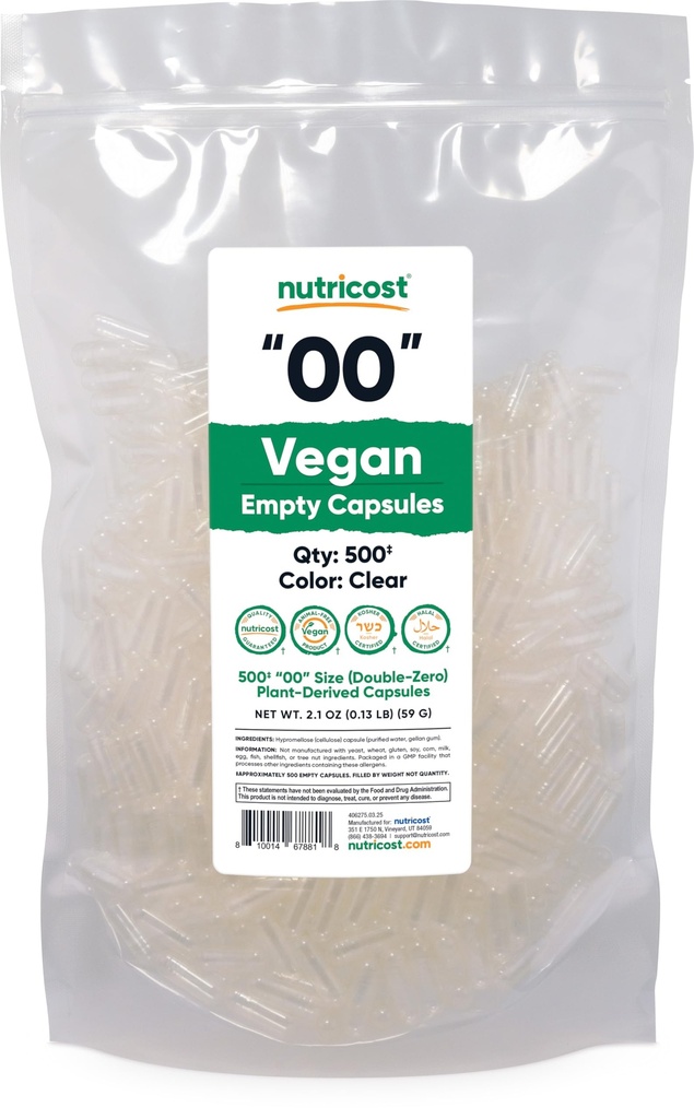 营养成本 空盖 尺寸 00 Vegan - 500 清空植物基盖 - 科舍认证,Halal认证,非GMO,Soy Free,Gluten Free, Vegetarian