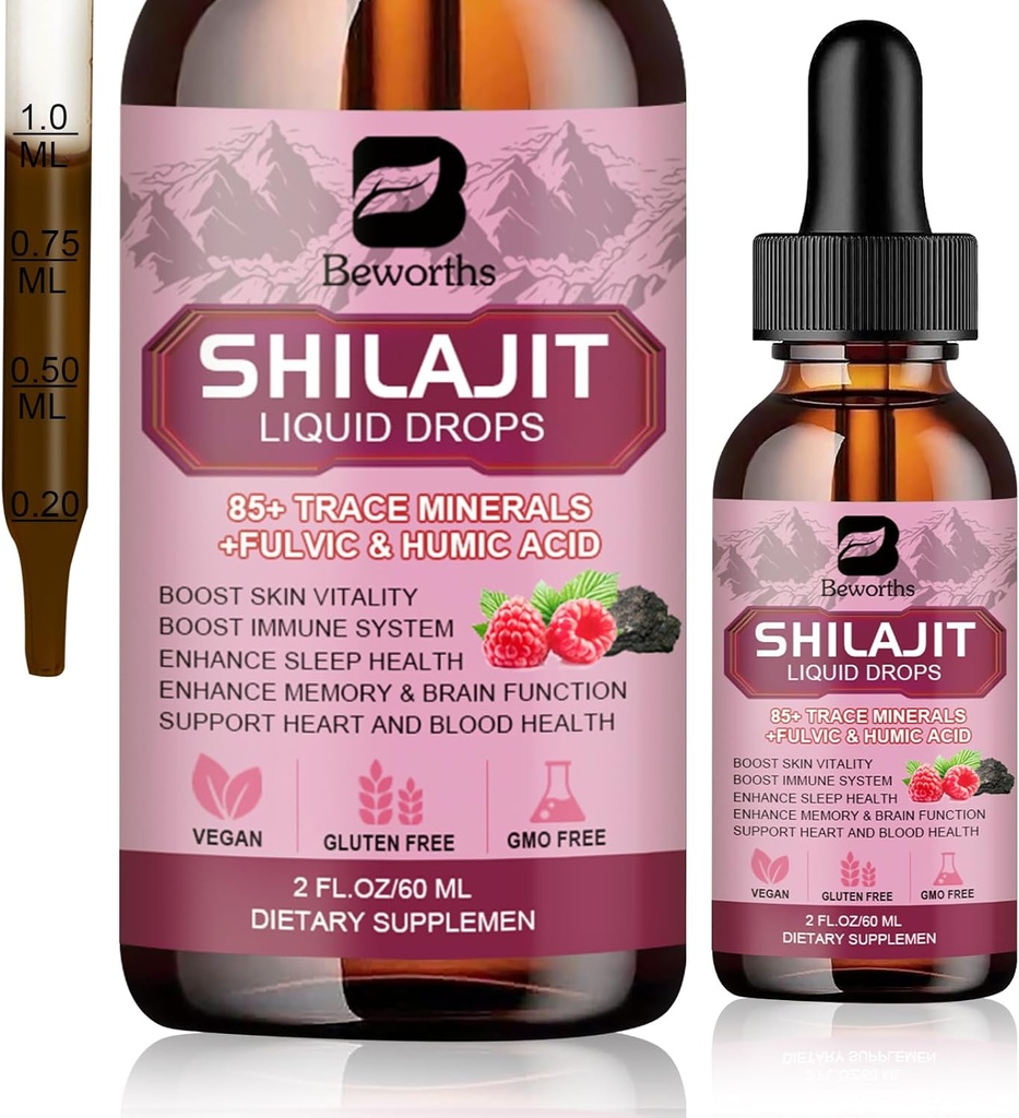 Shilajit Resin液滴 有机 Shilajit 85+ Trace Minerals Complex with Ashwagandha, Turmeric, Ginseng, 查加增购支持, 能源促进器 - Vegan