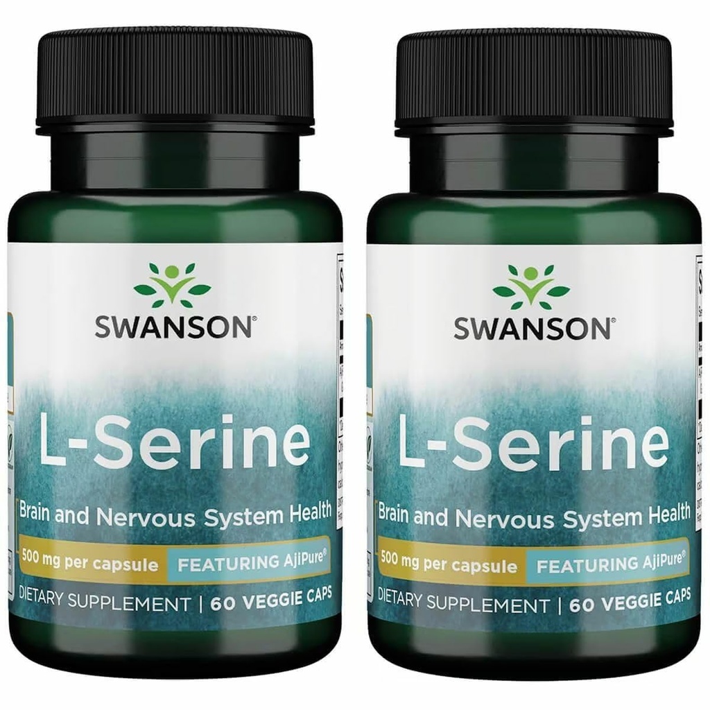 Swanson Ajipure L-Serine - 氨酸补充剂支持脑健康与神经系统功能 - 自然公式促进认知功能 - (60 Veggie Capsules,每件500毫克) (2包)