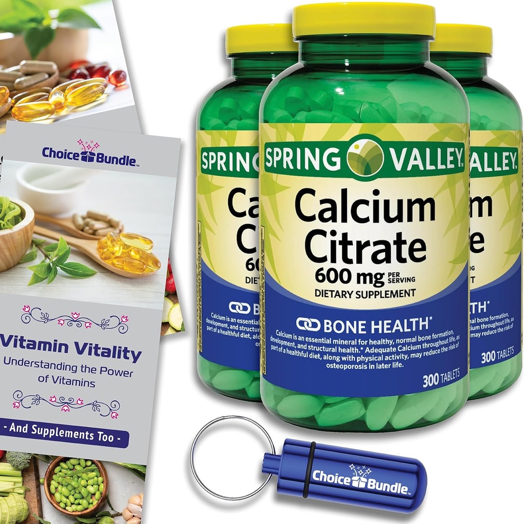 春谷钙 石膏 饮食补充600 mg 300 Ct 3 pk Choice Bundle(共计900) + 维生素指南和药剂容器(5项)!
